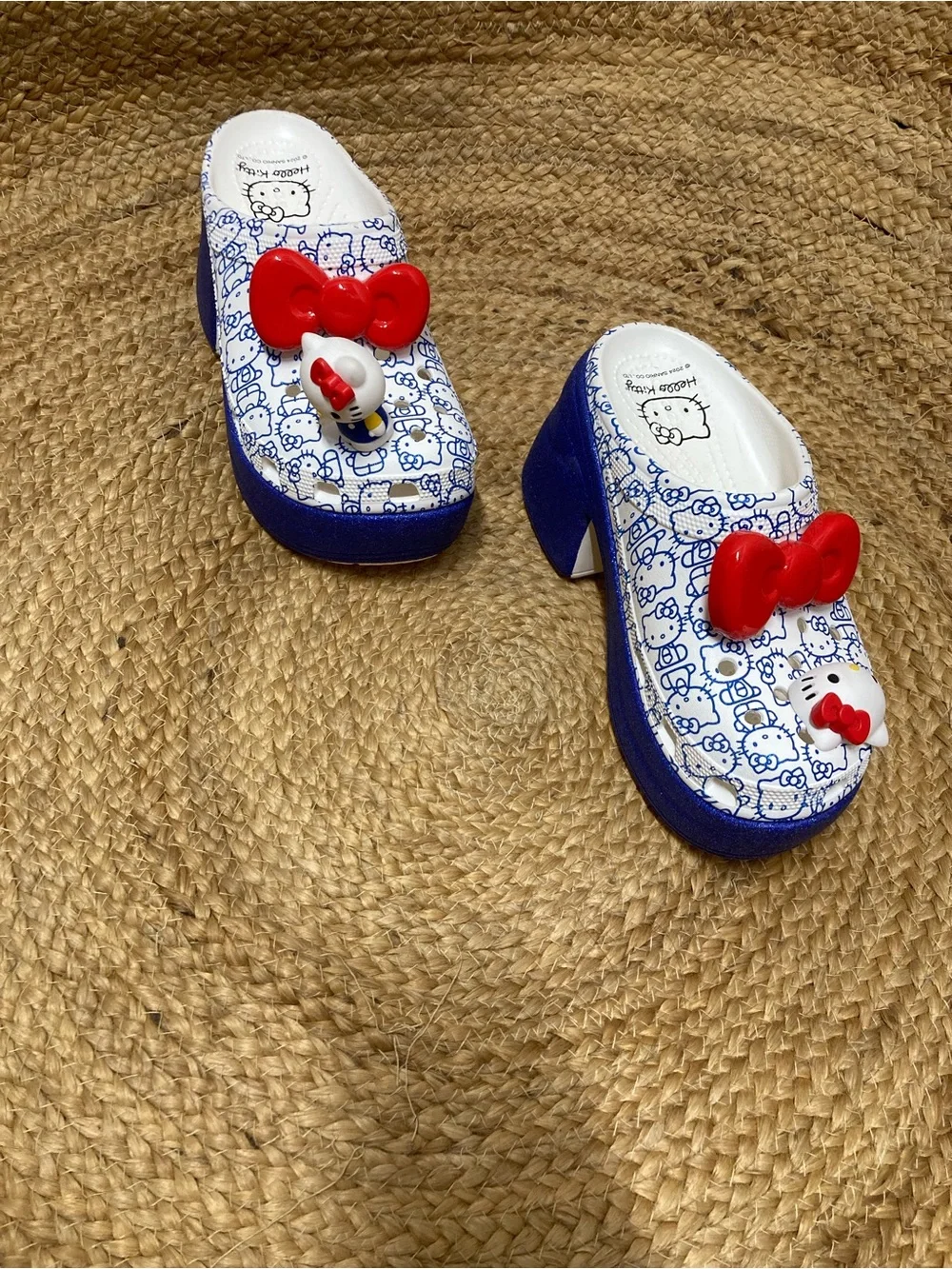 CROCS White & Blue Hello Kitty Platform Clogs with Red Bow Charm